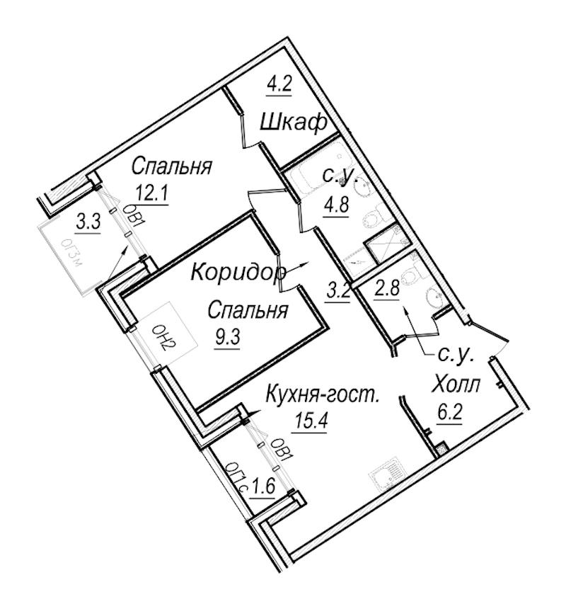 2-комнатная квартира 64.3 м², 7/8 эт., Комплекс апартаментов «Meltzer Hall»